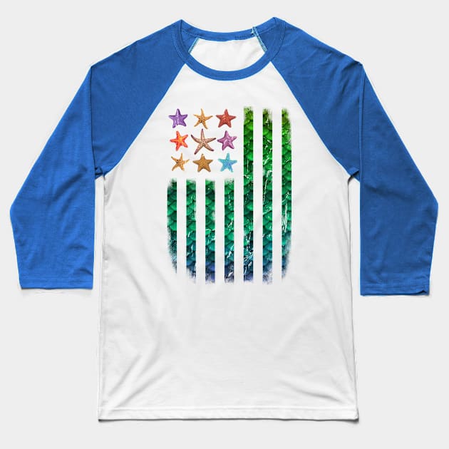 American Mermaid Flag Starfish & Stripes Baseball T-Shirt by Irregulariteez